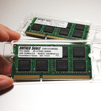 CFDの W3N1333F-8G (SODIMM DDR3 PC3-10600 8GB 2枚組)